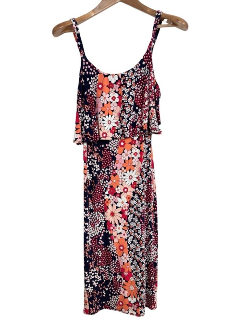 Michael Kors Floral Ruffle Midi Dress Sleeveless Stretch Navy Pink Womens Small